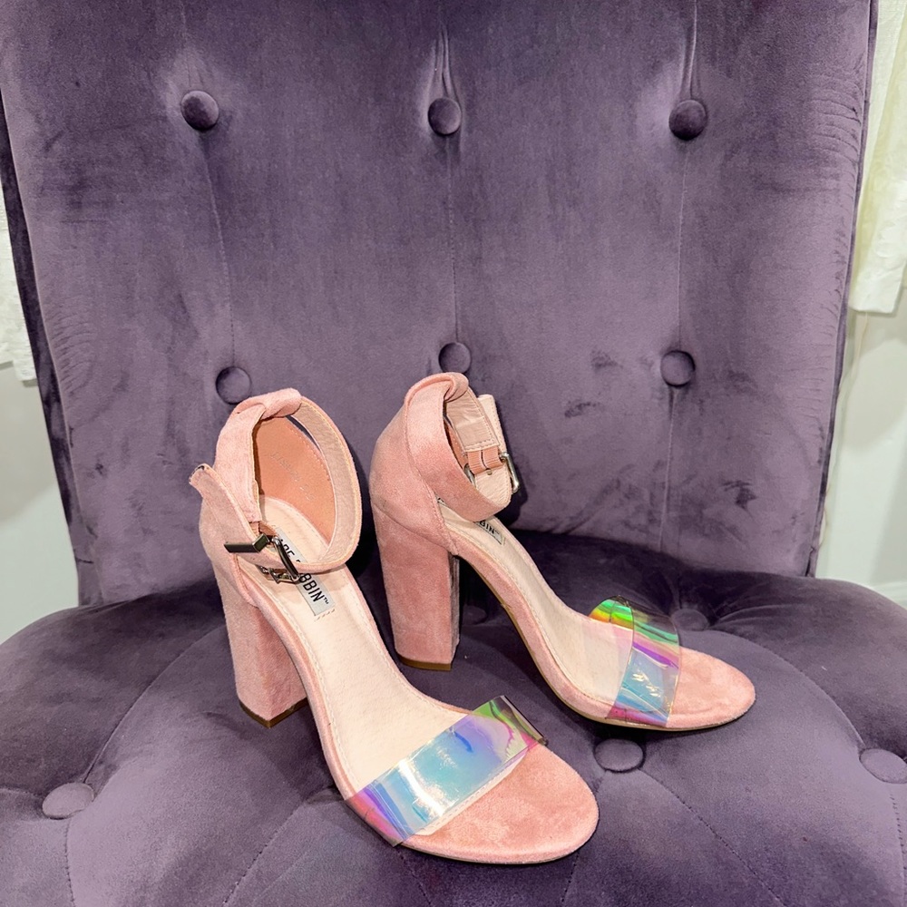 Blush pink iridescent block heels